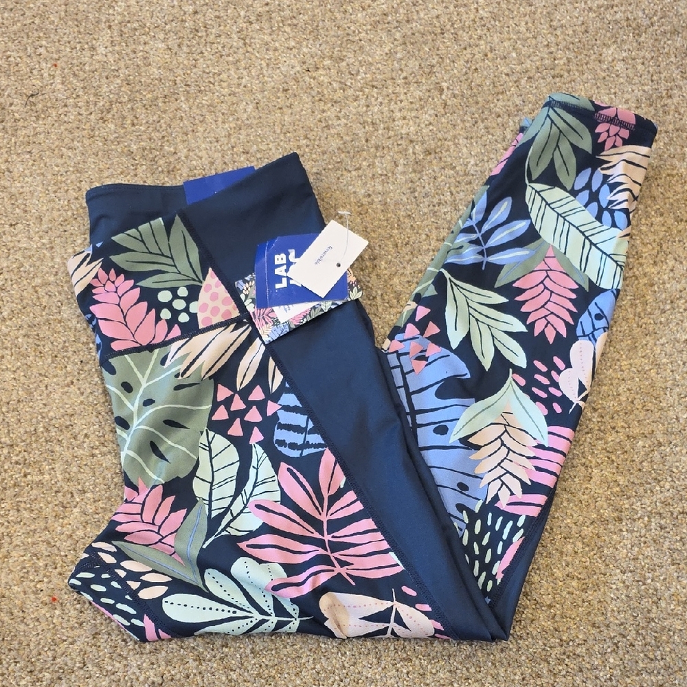 JoyLab Women's Navy Leggings with Pink and Green Leaf Print. NWT!